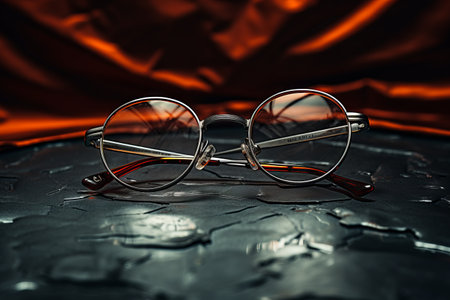 Pair of glasses sitting on top of table next to cloth. Generative AI.の素材