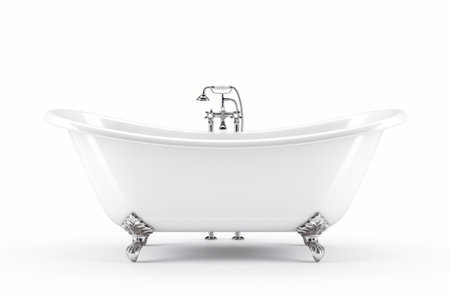 White bath tub sitting on top of white floor next to faucet. Generative AI.の素材