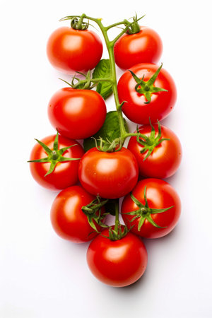 Bunch of tomatoes on white surface with green leaves on top. Generative AI.の素材