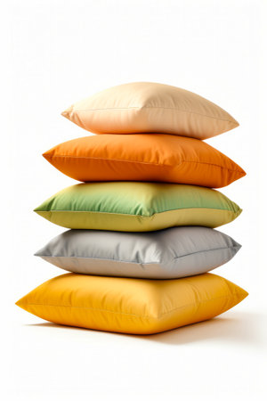 Stack of pillows sitting on top of each other on white surface. Generative AI.の素材