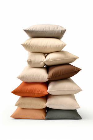 Stack of pillows sitting on top of each other on white background. Generative AI.の素材