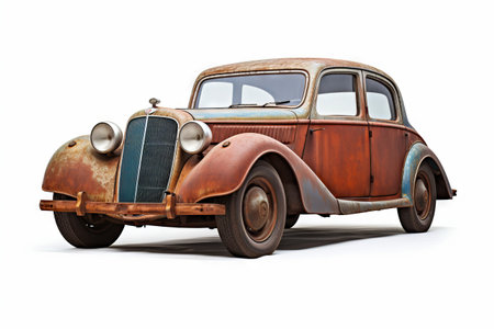 Old rusty car is sitting on white surface. Generative AI.の素材