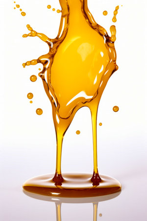 Yellow liquid splashing out of the bottle onto the ground. Generative AI.の素材