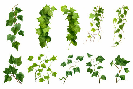 Set of ivy leaves and vines on white background illustration. Generative AI.の素材
