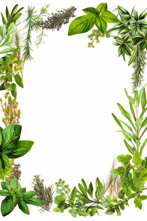 Frame made of green plants and leaves on white background. Generative AI.の素材