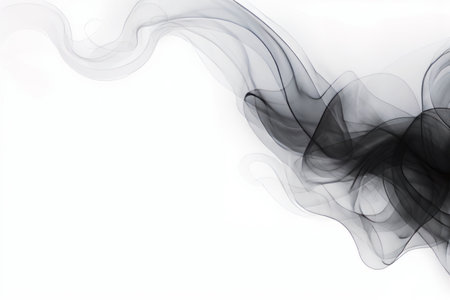 Black smoke is blowing in the air on white background. Generative AI.の素材