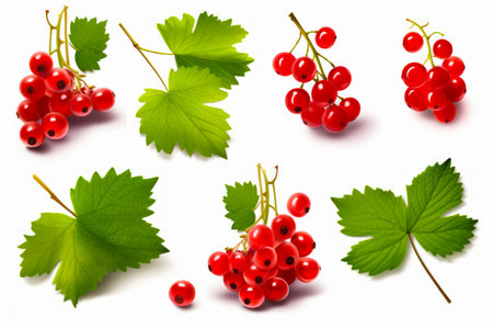 Bunch of red berries with green leaves on white background. Generative AI.の素材