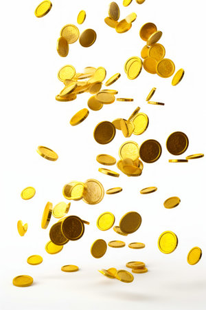 Bunch of coins falling into the air on white background. Generative AI.の素材