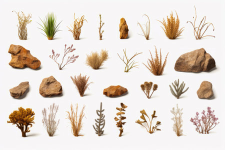 Collection of plants and rocks on white background. Generative AI.の素材