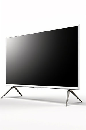 Flat screen tv sitting on top of metal stand with black screen. Generative AI.の素材