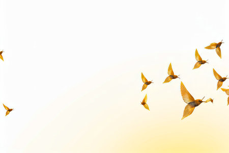 Group of birds flying through the air at sunset or dawn. Generative AI.の素材
