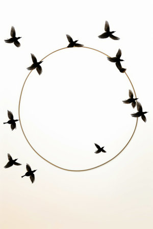 Circle of birds flying around circle of gold wire. Generative AI.の素材