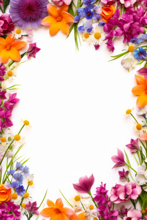 White background with colorful flowers and white space for text. Generative AI.の素材