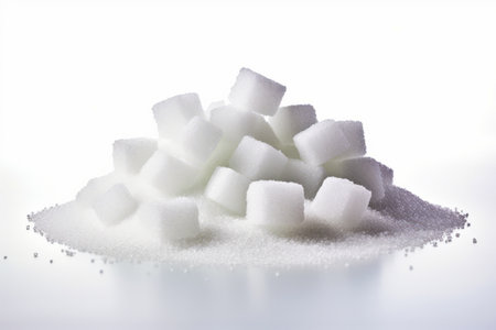 Pile of sugar cubes on white surface. Generative AI.の素材