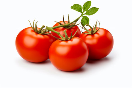 Three tomatoes with green leaves on top of them on white surface. Generative AI.の素材