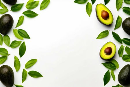 Avocado with leaves around it on white background. Generative AI.の素材