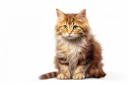 Fluffy cat with green eyes sitting down on white background. Generative AI.の素材
