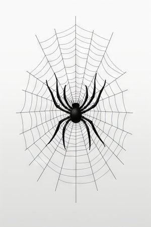 Spider web with black center on white background with black center. Generative AI.の素材