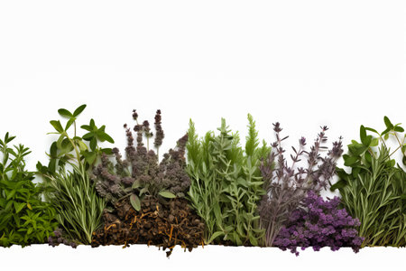 Row of different plants with purple flowers and green leaves on them. Generative AI.の素材
