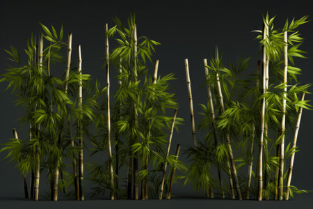 Bunch of bamboo trees with green leaves on them and black background. Generative AI.の素材