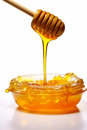 Honey dip being poured into a bowl of honey syrup with wooden spoon. Generative AI.の素材