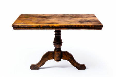 Wooden table with wooden top and wooden base on white background. Generative AI.の素材
