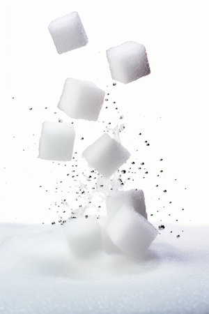 Pile of ice cubes falling into the air with bubbles. Generative AI.の素材