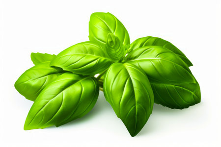 Group of green leaves on white background with shadow. Generative AI.の素材