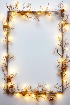 White background with frame made of branches and lights on it. Generative AI.の素材