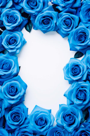 Bunch of blue roses arranged in circle on white background. Generative AI.の素材
