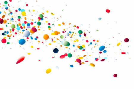 Bunch of colorful balloons are flying in the air with confetti. Generative AI.の素材