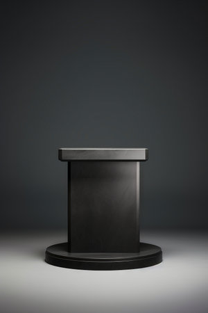 Black podium and black background behind it. Generative AI.の素材