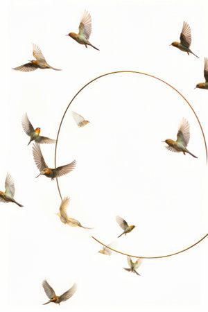 Circle of birds flying around circle of gold wire. Generative AI.の素材