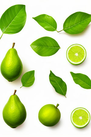 Group of limes and leaves on white background. Generative AI.の素材
