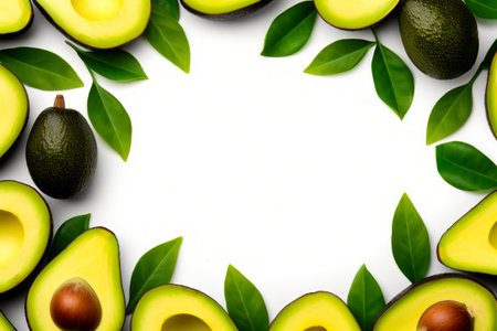 Group of avocados with leaves around them on white background. Generative AI.の素材