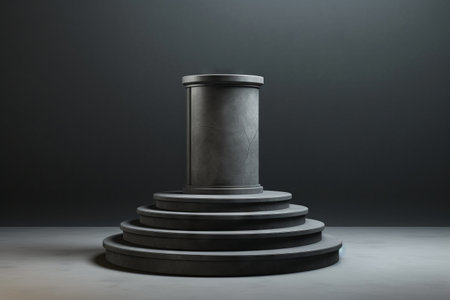 Black pedestal with round base on gray background with light coming from above. Generative AI.の素材