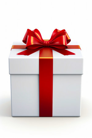 White box with red ribbon and bow on it. Generative AI.の素材