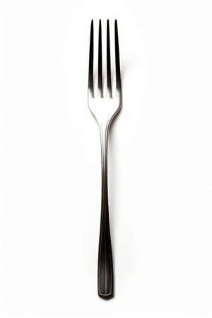 Fork with black handle on white background with shadow. Generative AI.の素材