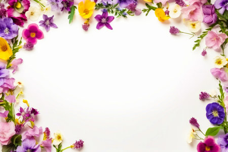 White background with bunch of flowers on it's side. Generative AI.の素材