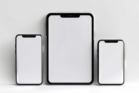 Three black and white cell phones with blank screens on them, one of which is facing the camera. Generative AI.の素材