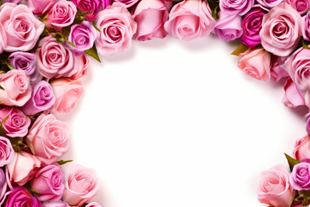 Bunch of pink roses arranged in square frame on white background. Generative AI.の素材