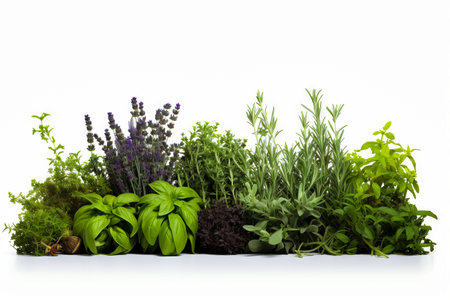 Variety of herbs and herbstuffs in row on white surface. Generative AI.の素材