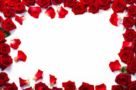 White background with red roses on it and white space for text. Generative AI.の素材