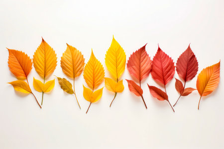 Row of different colored leaves on white background. Generative AI.の素材