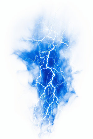 Blue and white photo of lightning strike in the sky. Generative AI.の素材