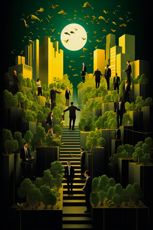 Group of people standing on top of stairs in forest. Generative AI.の素材