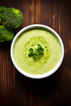 Bowl of broccoli and piece of broccoli. Generative AI.の素材