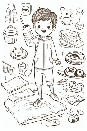 Boy is holding bottle and cup of coffee while standing on bed. Generative AI.の素材