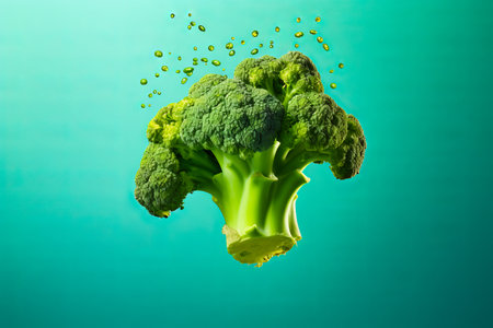 Piece of broccoli is floating in the air with drops of water. Generative AI.の素材