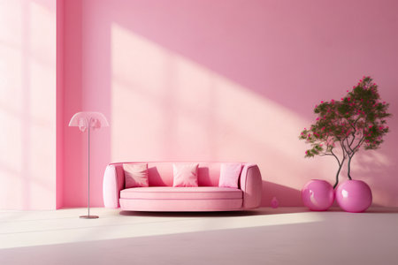 Pink couch sitting in room next to pink wall. Generative AI.の素材